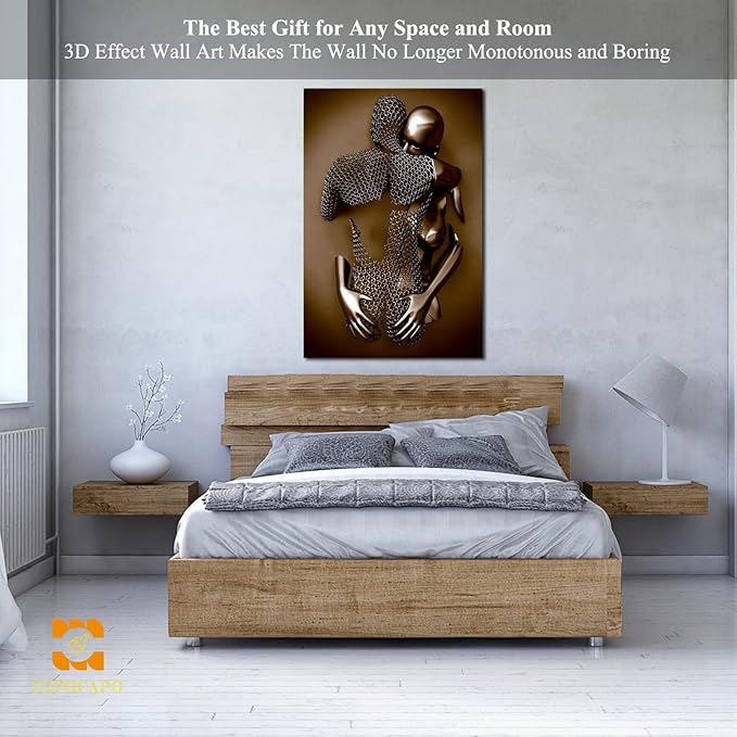 3D Metal Effect Wall Art - 3D Metal Art Wall, Modern Abstract Hug Lovers Painting Picture Poster Prints for Bathroom, Romantic Couple Living Room Canvas Wall Art Framed 32”x48”x1Pcs