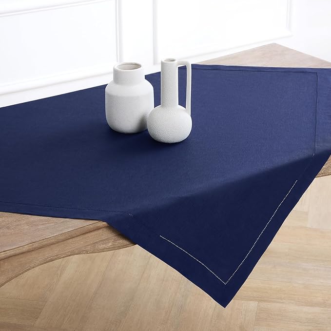 Solino Home Navy Blue Linen Tablecloth 52 x 52 Inch - 100% Pure Linen Square Table Throw - Classic Hemstitch, Machine Washable Table Cloth for Fall, Autumn, Thanksgiving, Christmas, Holiday, Winter