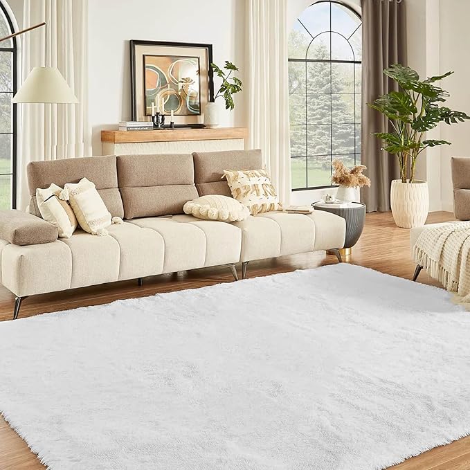 Floralux Bedroom Rug 9x12, Large White Shag Rugs for Living Room, Soft Fluffy Large Area Rug, Non-Slip Plush Modern Floor Carpet for Nursery, Dorm Home Decor Aesthetic