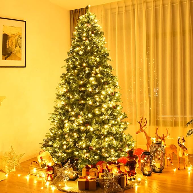 GOFLAME 8ft Artificial Pre-lit Christmas Tree with Warm White LED Lights and Pine Cones, Home Holiday Décor, Hinged, 1335 Branches for Indoor Decoration, Easy Setup