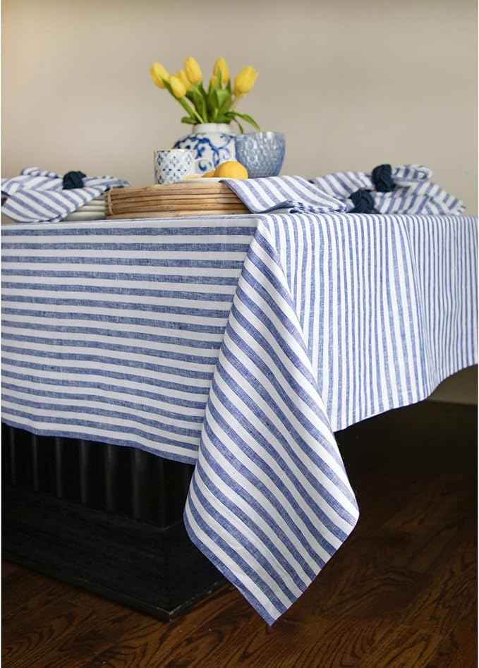 Solino Home Linen Tablecloth 60 x 90 Inch - Amalfi Stripe 100% Pure Linen Navy and White Table Cloth for Rectangle Tables - Machine Washable Tablecloth for Autumn, Thanksgiving, Christmas, Winter