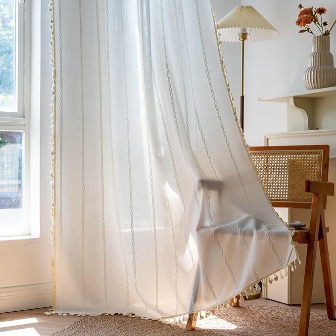 Sutuo Home Boho Curtains for Bedroom 84 Inch Length, Light Filtering Country Farmhouse Vintage Shabby Chic Tassels Window Treatment Bohemian Embroidery Drape, Rod Pocket 1 Panel 52" W x 84" L, White