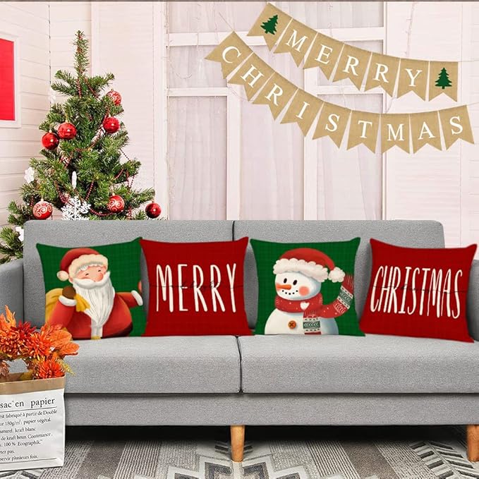 Merry Christmas Pillow Covers 16x16 Set of 4 Red Green Xmas Throw Pillow Covers Winter Holiday Pillow Covers Pillow Cases Home Outdoor Sofa Couch Cushion Covers for New Year(16 by 16)