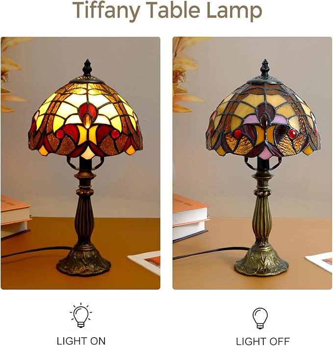 Tiffany Style Table Lamp - 8 Inch Baroque Stained Glass Lamp Vintage Desk Lamps with LED Bulb, Lamps for Night Stands Desk Light for Bedroom Living Room Home Office Ideal Gifts for Family Friends
