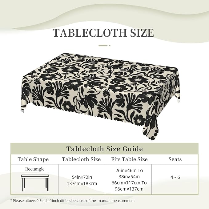 Black Boho Cute Retro Floral Table Cloth for Dining Tables, Vintage Abstract Flower Leaves Rectangle Tablecloths Decoration Home Reusable Table Cover for Kitchen,Holiday,Party, 54x72 Inch