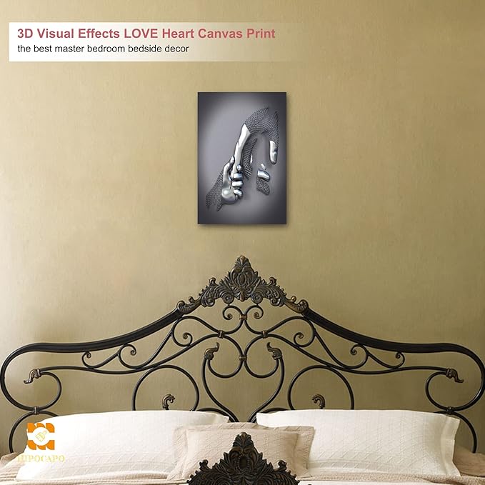 HIPOCAPO 3D Metal Effect Canvas Wall - Art Decor Artwork Hold Hands Silver Modern Painting, Large for Bedroom Dercorations Framed 12''x18''x1Pcs 3d Art-10