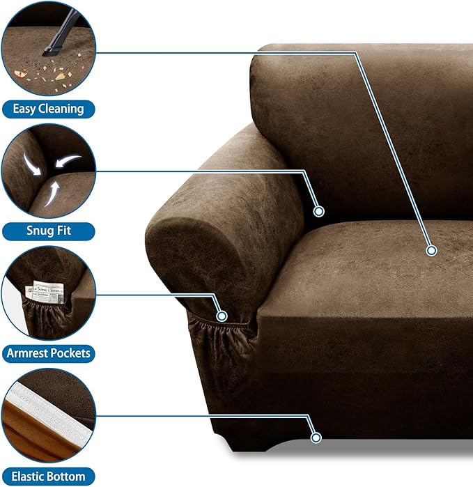 Single Sofa Cover Leather Look Chair Covers for Living Room 1-Piece Sofa Chair Covers with Arms Stretch Furniture Protector with Elastic Bottom & Pockets(Armchair, Dark Brown)