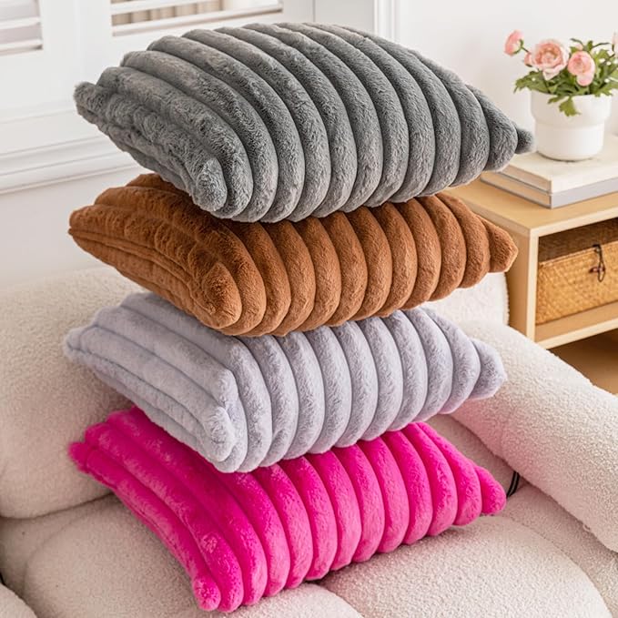 Double-Sided Faux Fur Plush Throw Pillow Covers 24x24 Set of 2 Fuzzy Striped Soft Cozy Pillowcase Luxury Decorative Pillows Square Shaggy Cushion Covers for Couch Sofa Bed,Brown