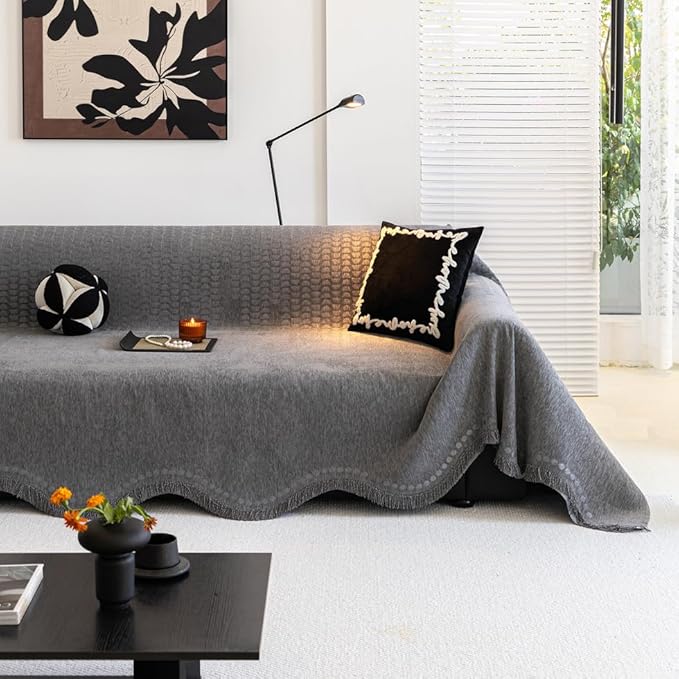 ROOMLIFE Gray Couch Cover Boho Sofa Covers for 3 Cushion Couch Washable, Furniture Protector Sofa Couch Cover for Dogs, Soft Chenille Sofa Slipcover, Couch Throw Blankets with Tassels 71 '' X 118''