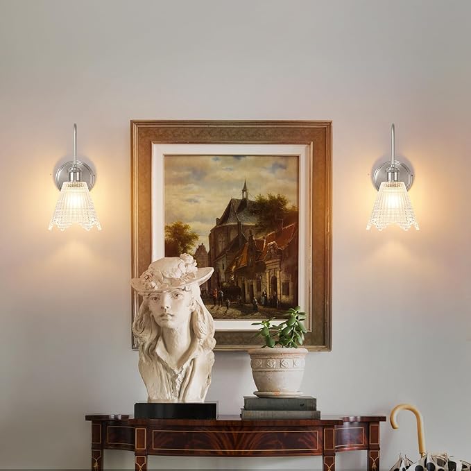 Wall Sconce Set of 2, Nickel Vintage Light Fixtures with Long Clear Glass Lampshade, Hardwired Sconces Wall Lighting for Bedroom, Bathroom, Living Room | Includes 2 LED Bulbs