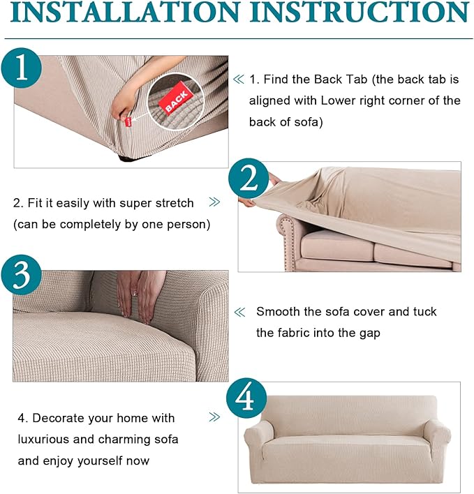 Flamingo P High Stretch Sofa Slipcover Non Slip Couch Cover for 3 Cushion Couch Washable Pet Furniture Protector Covers with Elastic Bottom, Thick Jacquard Fabric (Large, Sand)