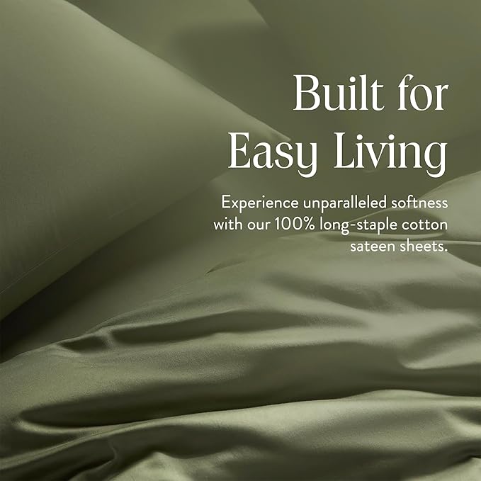 Brooklinen Luxury Sateen 4 Piece Sheet Set - 100% Cotton Bed Sheets, Soft & Durable Queen Size Sheet Set in Fresh Moss, Oeko-TEX Certified Bedding Set, 1 Fitted Sheet, 1 Flat Sheet, 2 Pillowcases