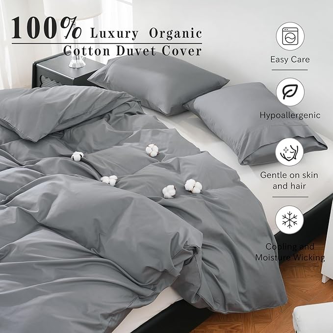 100% Organic Cotton Duvet Cover King 400 Thread Count Sateen Comforter Cover Soft and Breathable Cooling Bedding Set 3 Piece（Grey,King）