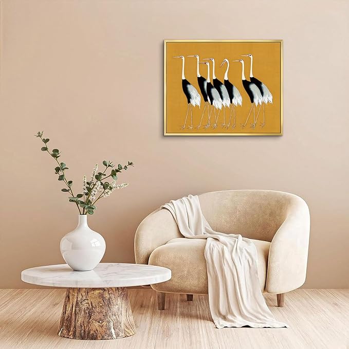 AIMAILON Vintage Gold Canvas Wall Art Framed Decor Animal Theme Artwork Elegance Groups of Red Crowned Crane Print Retro Picture Home Decoration for Study Room Bedroom Office 16x20