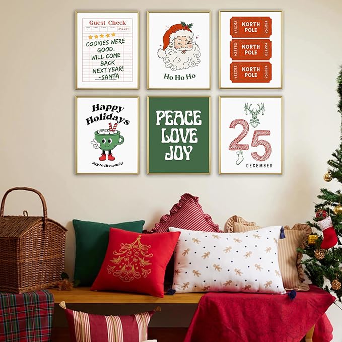 WINDVALE Retro Christmas Wall Art Prints –Vintage Holiday Posters with Santa, North Pole Tickets & Festive Quotes,Christmas Decorations for Living Room, Kitchen & Fireplace(8×10 Unframed)
