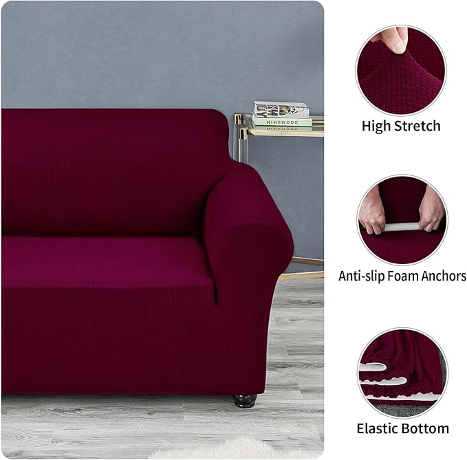 Joccun Stretch Loveseat Couch Cover Slipcover, 1-Piece Sofa Cover for 2 Cushion Couch Spandex Jacquard Washable Furniture Protector Cover for Living Room,Kids,Pets（Loveseat,Burgundy）