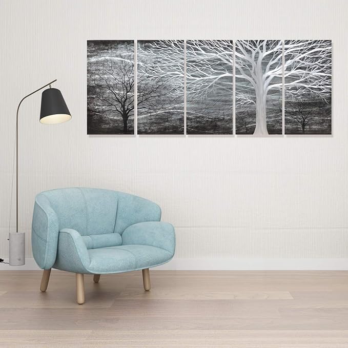 RICHSPACE ARTS Black Metal Wall Art Tree Decor Large Hanging Sculpture 3d Forest Artwork with Metal Texture for Living Room Set of 5 panels(32W*64L)