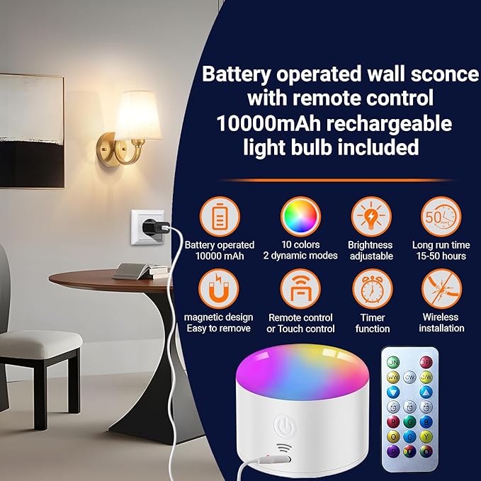 Battery Operated Wall Sconces Set of Two, Indoor Wireless Wall Mounted Lamp with 10000mAh Dimmable Bulb and Remote, RGB Colors Rechargeable Wall Light for Bedroom Living Room Decor
