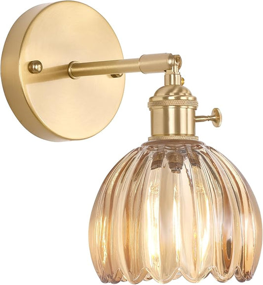 Vintage Wall Sconces with Cute Amber Tulip Glass Lampshade 180 Degree Adjustable Brass Sconces Hradwired Modern Wall Lighting Fixture with Switch for Bedside Bedroom Doorway