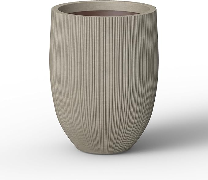 Kante Round Fluted Concrete Planter, 16.9-Inch Dia Barrel-Style Pot with Drainage Hole, Weathered Finish with Warm Brown Interior, 13.7" Opening, for Indoor and Outdoor Use