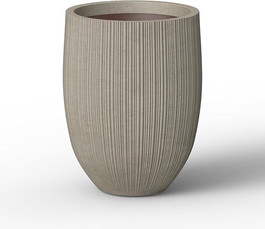Kante Round Fluted Concrete Planter, 16.9-Inch Dia Barrel-Style Pot with Drainage Hole, Weathered Finish with Warm Brown Interior, 13.7" Opening, for Indoor and Outdoor Use