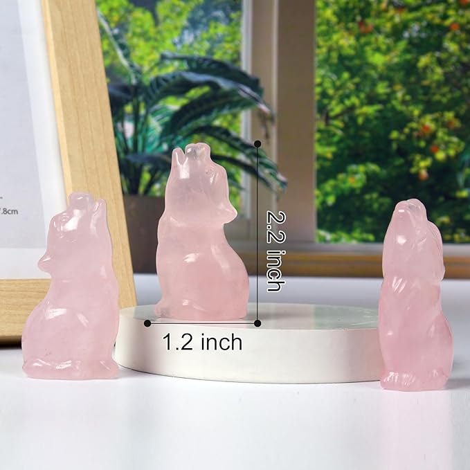 Rose Quartz Howling Wolf Crystal Figurines, 2.2 Inch Wolf Totem Spirit Animal Statue Decor for Home Office Desk Altar, Hand Carved Natural Healing Crystal Sculpture Gifts for Women Men