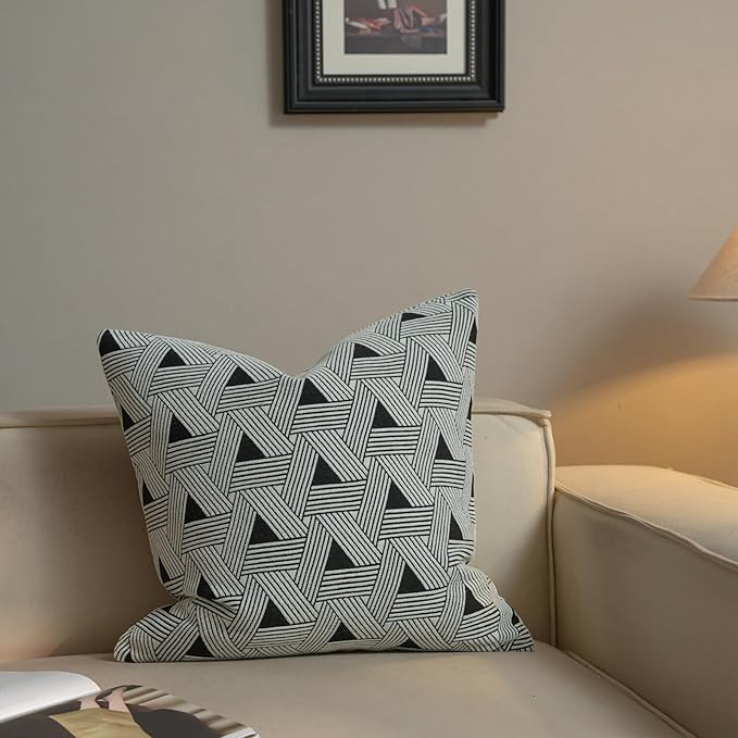 New 22x22'' inches Throw Pillow Cushion Covers - Triangle Black Color Chenille Jacquard Embroidery Luxury Modern Style Couch Sofa Bed Pillow Cover for Living Room Bedroom