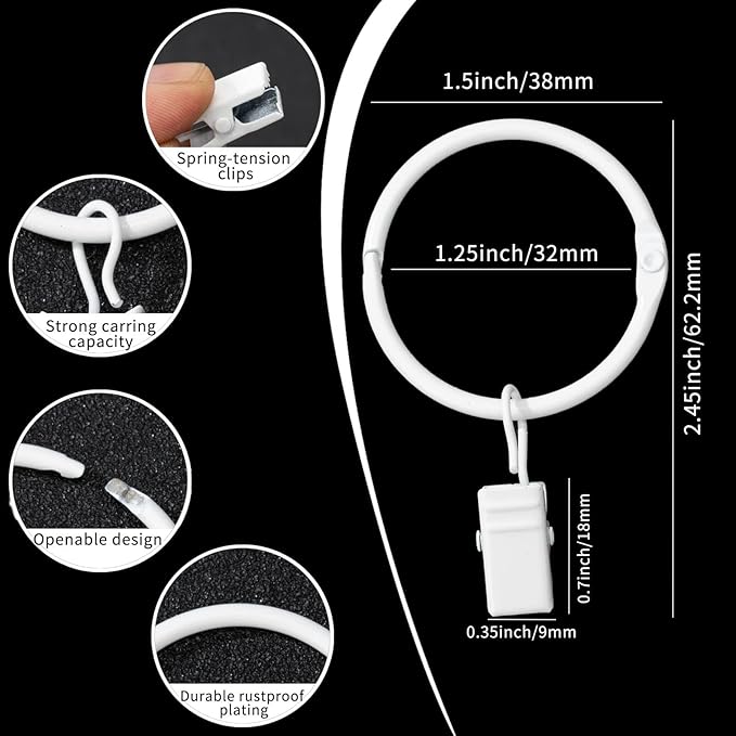 Openable Curtain Rings with Clips,1.25inch Inner Diameter,Heavy Duty Rustproof Metal Decorative Vintage Drapery Rings Curtain Clips Rod Hangers Door Curtain and Shower Curtain Rings White Zocang