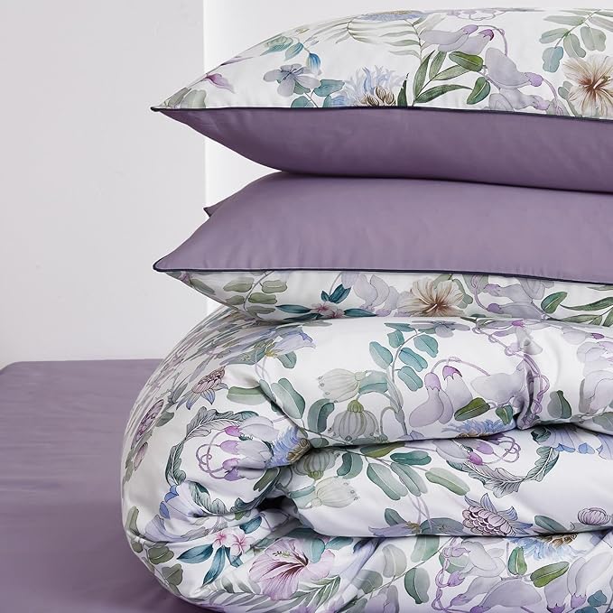 mixinni Garden Style King Duvet Cover Set Purple Large Flower on White Duvet Cover Long Staple Cotton Fresh Floral Leaves Bedding Set with Zipper Ties Perfect for Him and Her-(3pcs, King Size)