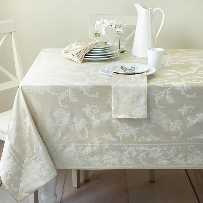 Benson Mills Harmony Scroll Woven Damask Fabric Tablecloth, Everyday, Parties, Special Occasions, Weddings and Holiday Table Cloth (60" X 144" Rectangular, Birch)