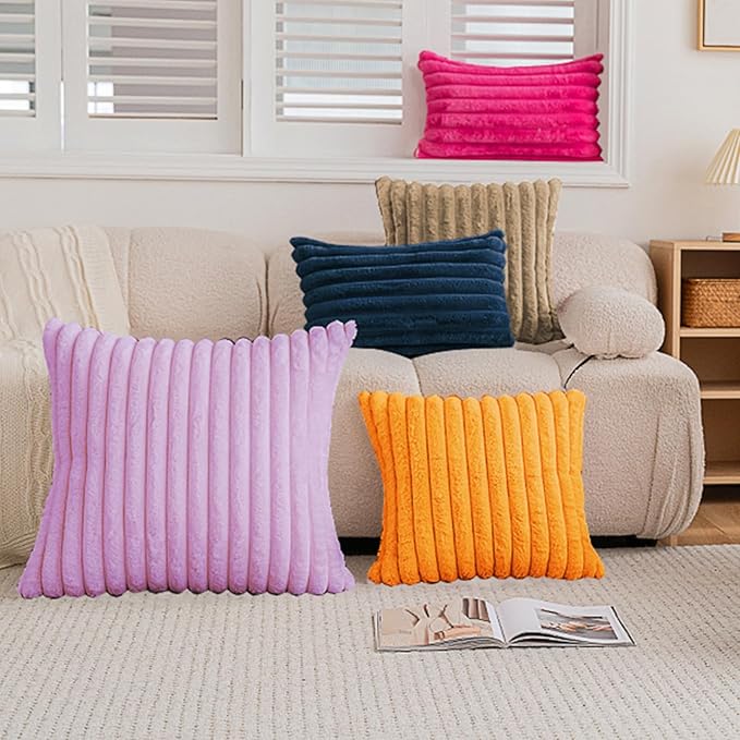 Double-Sided Faux Fur Plush Throw Pillow Covers 24x24 Set of 2 Fuzzy Striped Soft Cozy Pillowcase Luxury Decorative Pillows Square Fluffy Cushion Cover for Couch Bed Living Room,Camel