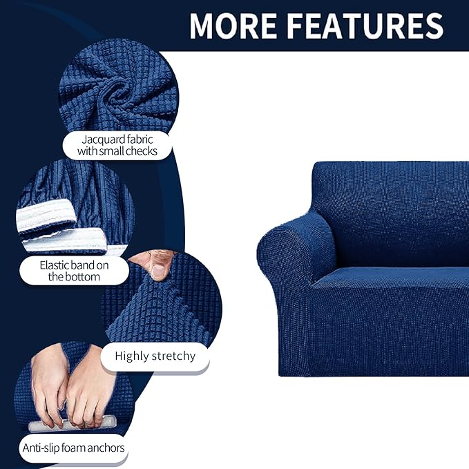 Cupuamon 2025 New Stretch Sofa Slipcovers Couch Cover for 3 Cushion Furniture Protector Sofa Covers with Elastic Bottom Jacquard Fabric Small Checks for Pets, Kids -Sofa, Classic Blue