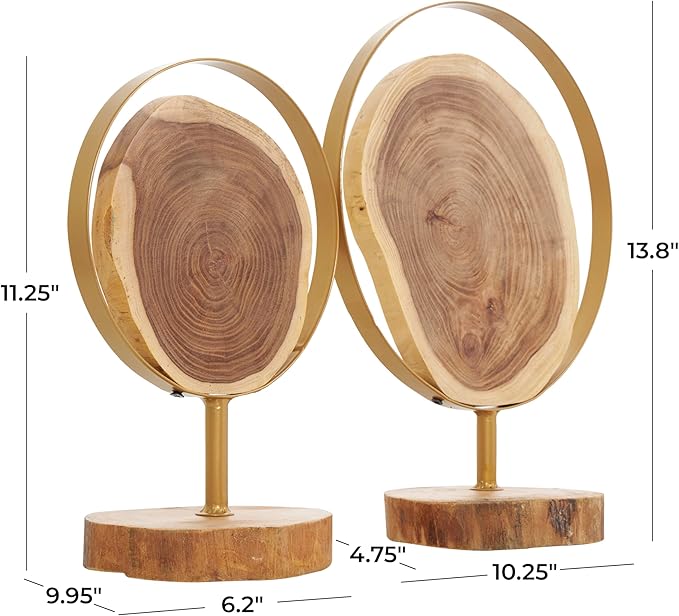 Deco 79 Wood Abstract Handmade Decorative Sculpture Live Edge Slab Home Decor Statues with Gold Metal Rings, Set of 2 Accent Figurines 14", 11"H, Brown