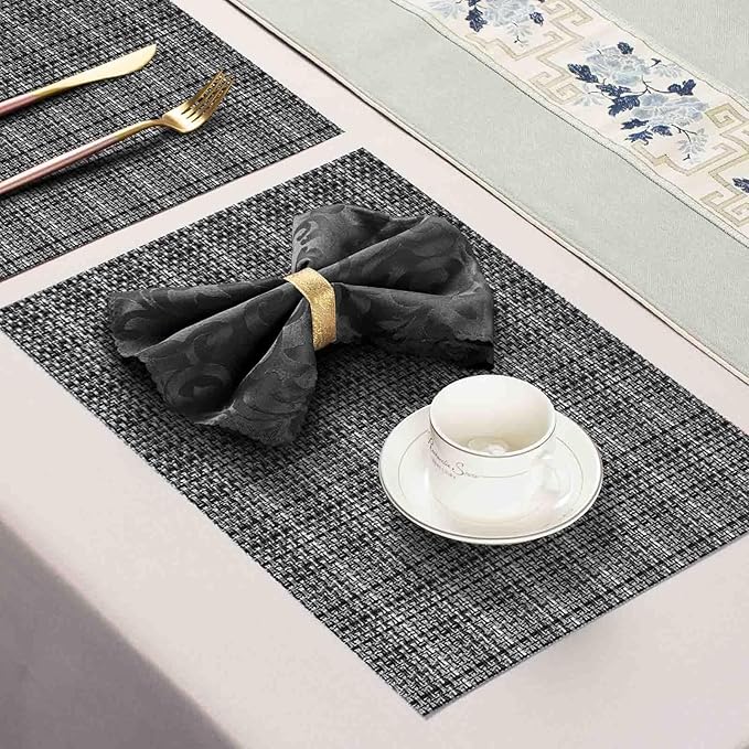 AHHFSMEI Placemats for Dining Table Set of 8 Woven Vinyl Plastic Place Mats Non-Slip Heat Insulation Stain Resistant Table Mats Washable Easy Clean Placemats (Linen Black 8)