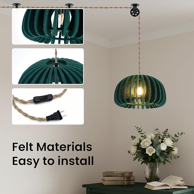 Pendant Light with Felt Lampshade, Modern Hanging Lamp Fixture, DIY Acoustic Plug-in Pendant Light for Kitchen Island, Living Room, Dining Room, Bedroom, Office (D13.7"x7.8")