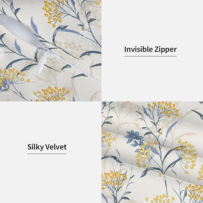 Spring Summer Seasonal Pillow Covers 18x18 Inch Set of 2 Watercolor Blue Yellow Flower Throw Pillow Cover Vintage Plant Floral Square Pillowcase Cushion Cases for Home Couch Bed Sofa