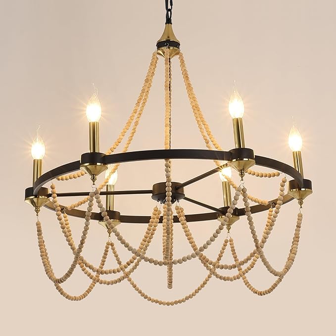 COCOSTAR Black Beaded Chandelier Boho Ceiling Light Fixture, Candle Wagon Wheel Chandeliers with 6-Light,Modern Farmhouse Hanging Lighting with Wooden Bead Pendants for Dining Room, 28 Inch