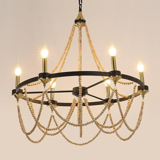 COCOSTAR Black Beaded Chandelier Boho Ceiling Light Fixture, Candle Wagon Wheel Chandeliers with 6-Light,Modern Farmhouse Hanging Lighting with Wooden Bead Pendants for Dining Room, 28 Inch