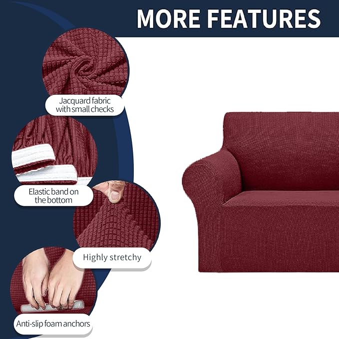 Cupuamon 2025 New Stretch Chair Sofa Slipcovers Couch Cover for 1 Seater Furniture Protector Sofa Covers with Elastic Bottom Jacquard Fabric Small Checks for Pets, Kids - Dark Red