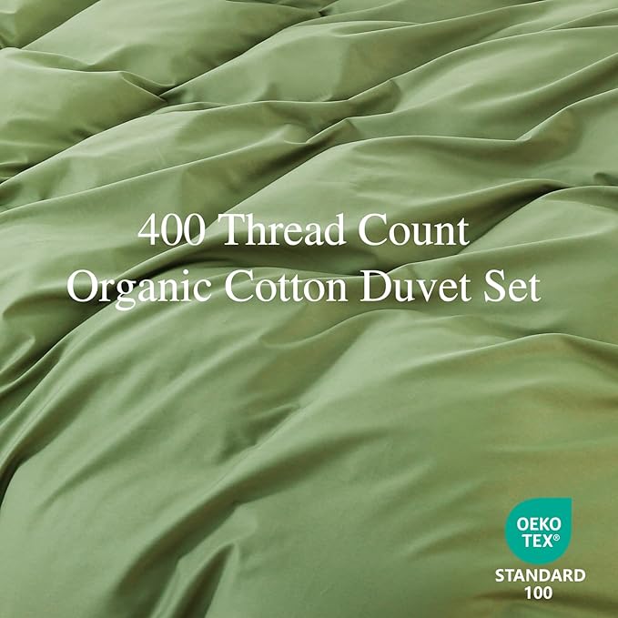 100% Organic Cotton Oversized King Duvet Cover 400 Thread Count Percale 120x98 Inches Sateen Comforter Cover Soft and Breathable Bedding Set 3 Piece（Olive Green,Oversized King）