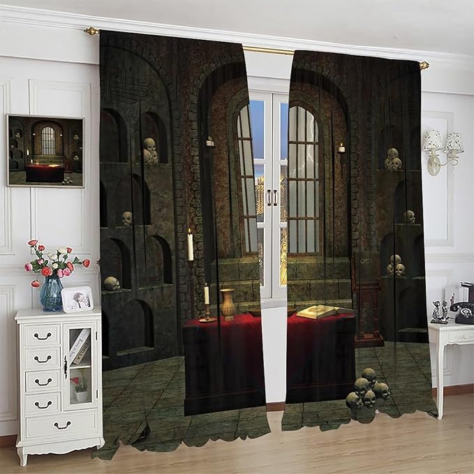 Gothic Mid Century Blackout Curtains, Horror Theme Skulls Shelves Candles Print Pattern Window Drapes, for Living Room Bedroom 31.5(W)*72(L) 2 Panels