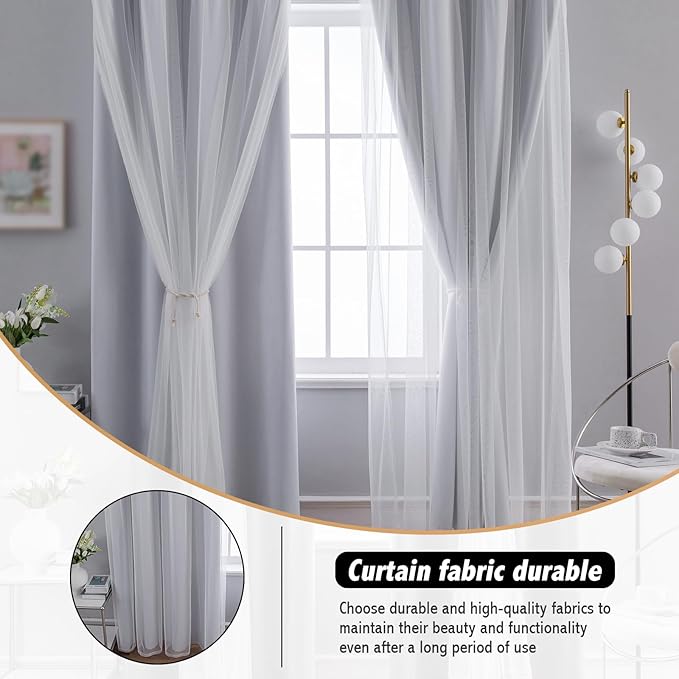 Anytime Home Curtains Blackout and Sheer Layered Solid Window Curtain Panel Pair with Grommet Top, 52Wx95L,Greyish White