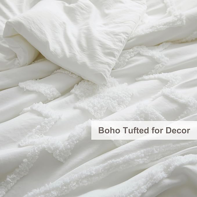 Oli Anderson Boho Tufted Comforter Set Queen Size, 3 Pcs Soft Jacquard Bedding Set for All Seasons, Shabby Chic Farmhouse Bedding Set with Comforters for All Seasons (White, Queen)