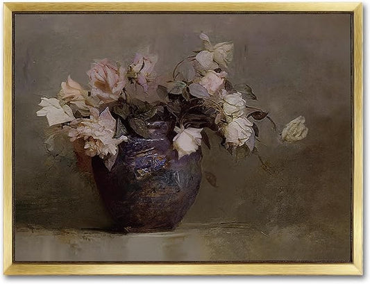 AIMAILON Vintage Gold Canvas Wall Art Framed Decor Classical Nature Theme for Living Room Office Home Decoration Pink Flower Botanical Aesthetic Picture Still Life Artwork Decor 12x16