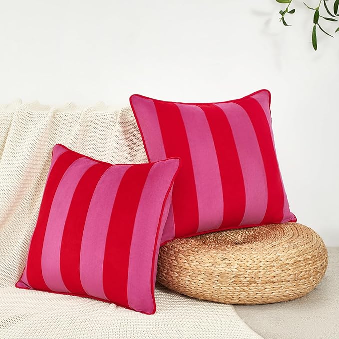MONDAY MOOSE Decorative Throw Pillow Covers Cushion Cases, Set of 2 Soft Velvet Striped Piping Edge Designs, Pillow Inserts Not Included (Hot Pink/Red, 16x16 inch)