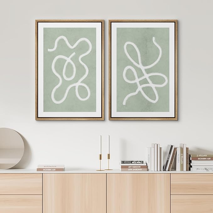 SIGNWIN Framed Wall Art Print Set White Line Over Contrasting Green Background Abstract Swirly Digital Art Modern Art Mid-Century Modern Expressive for Living Room, Bedroom, Office - 16"x24"x2 Panels