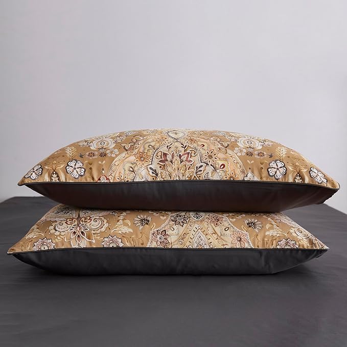mixinni Long Staple Cotton Percale Golden Paisley Duvet Cover King Size Boho Floral Pattern 3 Pieces Soft Aesthetic Bedding Set for Him and Her, 1 Duvet Cover and 2 Pillowcases for All Seasons