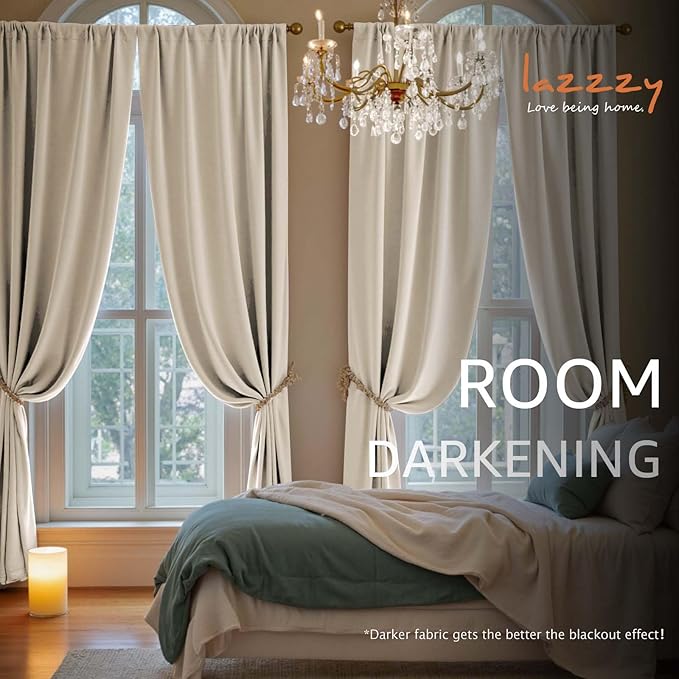 Lazzzy Velvet Blackout Curtains Thermal Insulated Room Window Drapes Super Soft Luxury Curtains for Living Room Bedroom Rod Pocket 2 Panels, Beige, 62" W x 84" L