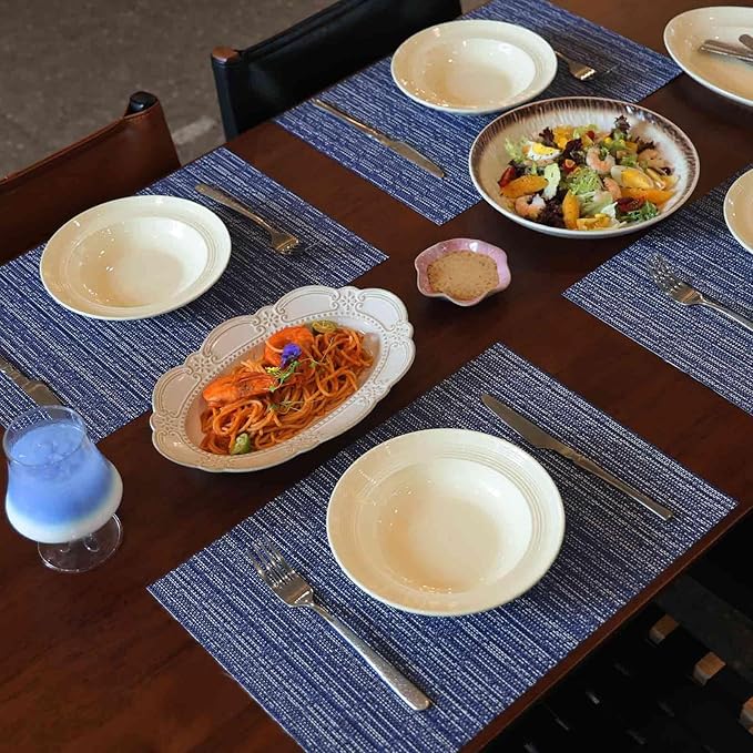 AHHFSMEI Placemats for Dining Table Set of 6 Woven Vinyl Plastic Place Mats Non-Slip Heat Insulation Stain Resistant Table Mats Washable Easy Clean Placemats (Multi Blue)