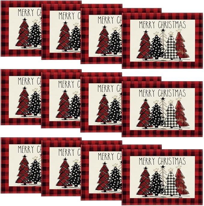 Artoid Mode Red and Black Buffalo Plaid Christmas Trees Placemats Set of 12, 12x18 Inch Winter Table Mats for Outdoor Home Party Kitchen Dining Decor